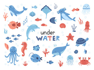Vector cute set with sea animals. Marine collection with whale, dolphin, octopus, narwhal, jellyfishes and other fish. Shells and algae. Inhabitants of the sea world in flat design. - obrazy, fototapety, plakaty