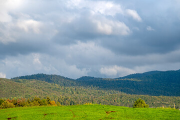 Fototapeta na wymiar Paysage des montagnes de Slovénie couvertes de forêts à l'automne autour de Postojna