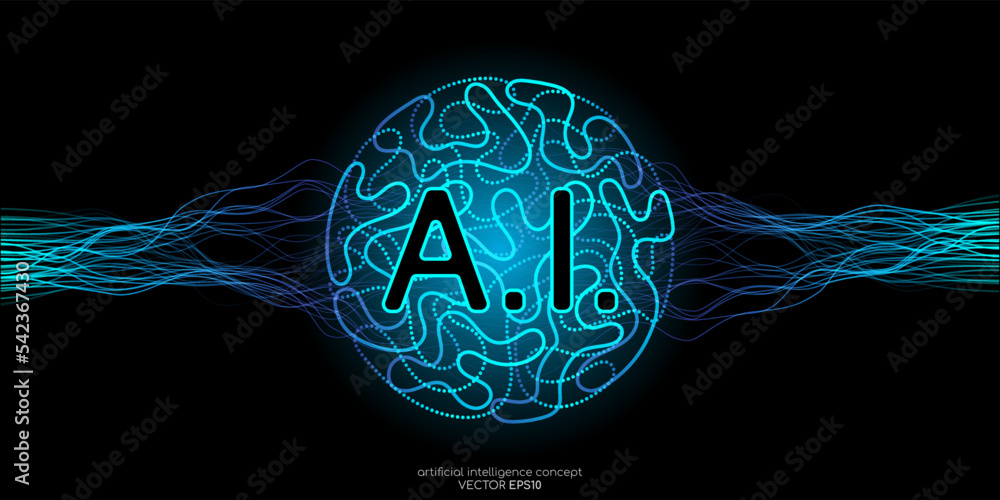 Poster vector illustration sphere brain blue light and neural network wavy line isolated on black backgroun