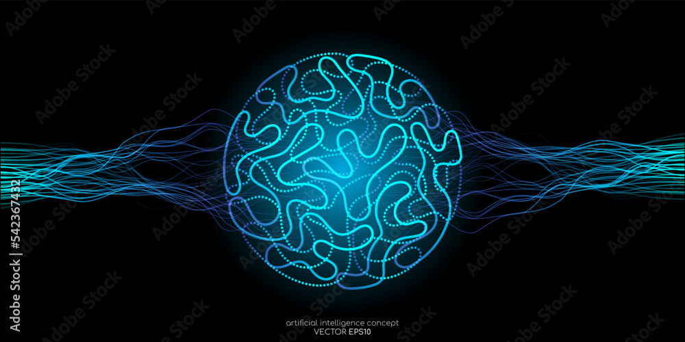 Poster Vector illustration left right human brain blue light and neural network wavy line isolated on black background in concept of A.I. artificial intelligence technology, machine learning, neuroscience