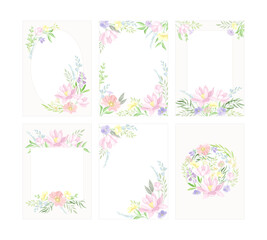 Floral frames set. Greeting card or invitation with wild flowers and leaves with space for text in pastel colors vector illustration