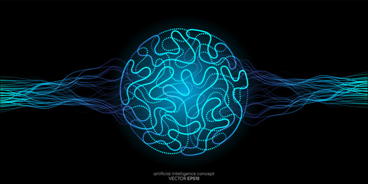 Vector illustration left right human brain blue light and neural network wavy line isolated on black background in concept of A.I. artificial intelligence technology, machine learning, neuroscience