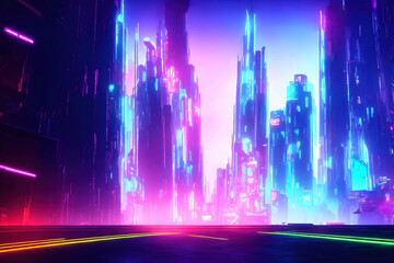 Cyberpunk future sci-fi city with neon lights. Futuristic night building with urban purple traffic background 3D