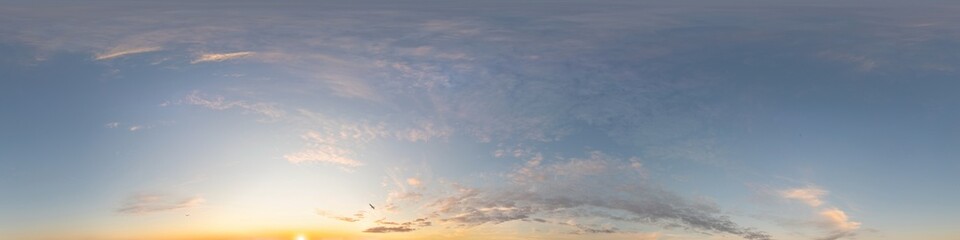 Dark blue sunset sky panorama with pink Cirrus clouds. Seamless hdr 360 panorama in spherical...