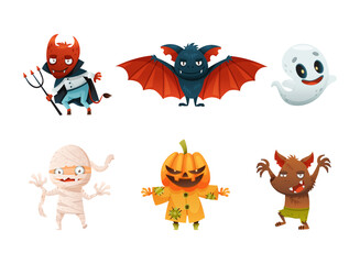 Set of Halloween characters. Devil, bat, ghost, zombie, mummy, pumpkin vector illustration