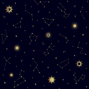 Seamless pattern with constellations, stars, sun, moon. Starry night sky, galaxy background. Vector illustration. © Yulia