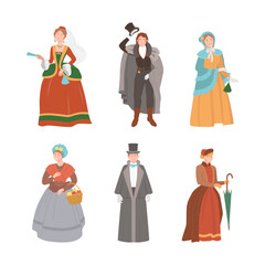 People dressed renaissance clothing set. Men and women in medieval fashion vintage dress, historical clothes vector illustration