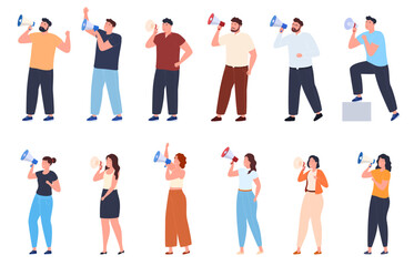Obraz premium People with loudspeakers. Public relations, public marketing. PR agencies of promotion and popularization. Vector illustration