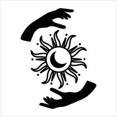 Magic icon with passes hands and sun and moon. Esoteric icon
