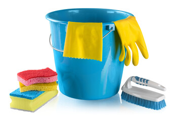 Bucket with Rubber Gloves,Sponges and Brush - Isolated - obrazy, fototapety, plakaty