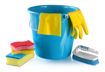 Bucket with Rubber Gloves,Sponges and Brush - Isolated