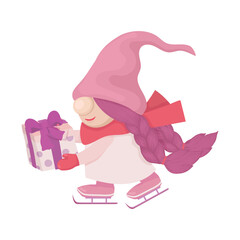 Gnome girl is skating. For a cute Christmas card or gift for a child, toy store decor