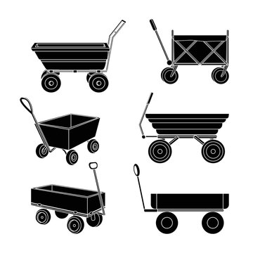 Icons of carts for gardening. Simple silhouette wheelbarrow icons. Construction and hardware stores.