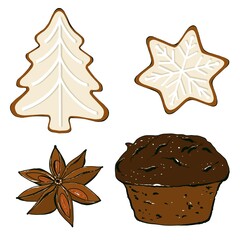 Set of Traditional Christmas dessert gingerbread cookies, cupcake and star anise. Isolated on white background.