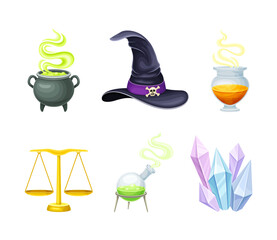 Magic objects set. Witch hat, cauldron with bubbling potion, scales vector illustration