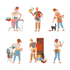 Househusband doing daily routine set. Man ironing clothes, cooking, watering houseplants, feeding pet animal vector illustration