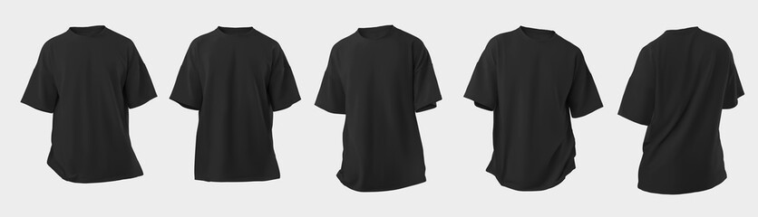 Set Mockup of a black oversized t-shirt 3D rendering, with a round neck, universal clothing for women, men, isolated on background.