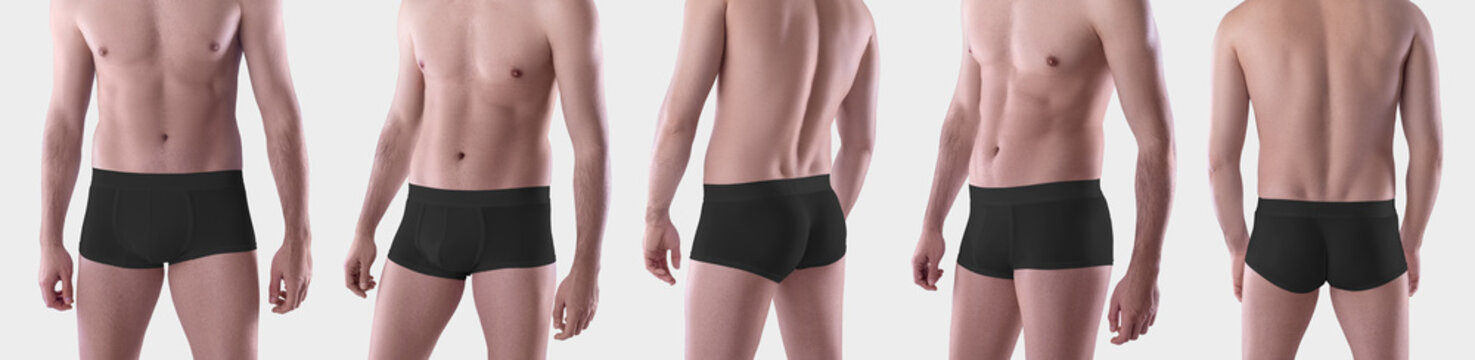 Bundle Mockup of black brief underwear  boxers on the athletic body of a guy, isolated on background