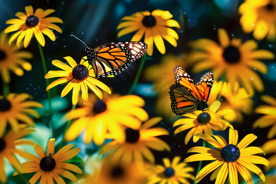  Yellow flowers and monarch butterflies.  Summer fairyland. Enchanted garden.