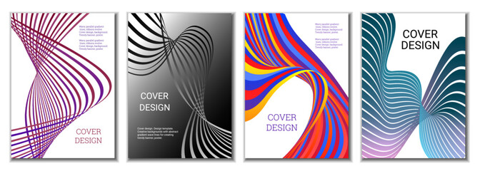 A set of 4 abstract covers. Wavy parallel gradient lines, ribbons evolve. Cover design, background. Trendy banner, poster.