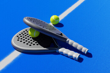 Racchette da padel su campo. Illustrazione 3d