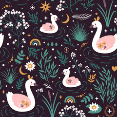 Vector seamless pattern with cute swans, flowers, rainbows and stars. Natural repeated texture with gentle birds. Childish print for fabric and wrapping paper. Kids ornament with cartoon characters