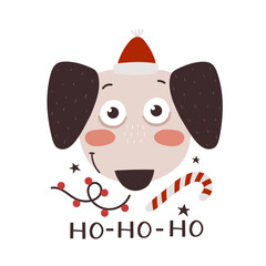 Cartoon dog, hand drawing lettering, décor elements. holiday theme. Colorful vector illustration, flat style. design for greeting cards, print, poster
