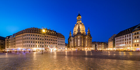 Germany, Saxony, Dresden,Neumarktsquare at dusk with historicFrauenkirchechurch in background