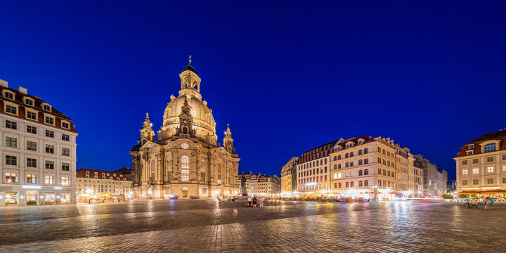 Germany, Saxony, Dresden,Neumarktsquare at dusk with historicFrauenkirchechurch in background