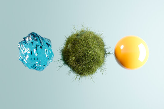Three dimensional render of three spheres representing water, grass and sun