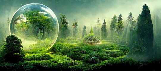 Raster illustration of a magical portal in a clearing in the forest. Magic realism, science fiction, portal to another world, parallel worlds. Magic 3D graphics