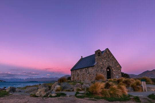 New Zealand, Canterbury Region, Lake Tekapo,Church of Good Shepherd at purple dusk