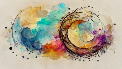 Naklejka na ściany i meble Colorful watercolor of abstract circles for horizontal background for wallpaper. Wallpaper design for prints, banners, fabric, posters