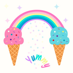 Flat illustration with ice cream, rainbow and Yummy text. The illustration can be used in print for cafes, fast food or postcards.