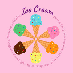 Flat Illustration with ice cream in a circle and inscriptions on pink background
