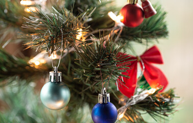 Christmas background with Christmas balls on a Christmas tree.