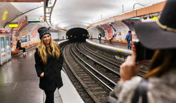 Paris, France, tourists taking picture at underground station platform
