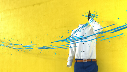 Data floating in front of invisible person talking on phone in front of yellow wall