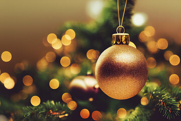 Closeup of a Christmas tree and baubles with a blurred bokeh background