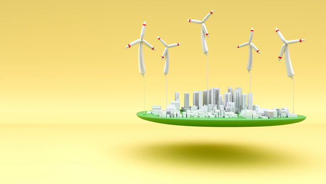 Three dimensional render of floating city supported by wind turbine shaped balloons