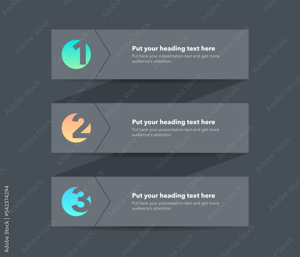 Poster Modern diagram with three steps with numbers and a place for your text - dark version.