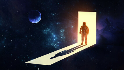 Fototapeta na wymiar Astronaut cosmonaut stands in doorway from light into darkness of space. Silhouette of man in spacesuit, shadow, portal to the unknown. In search of new stars and galaxies. 3d illustration