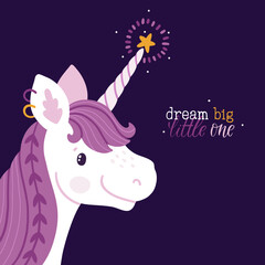 Vector kids illustration with cute unicorn and text “Dream big little one”. Childish motivational poster with white unicorn and inspirational quote. Magical animal. Fantasy background.