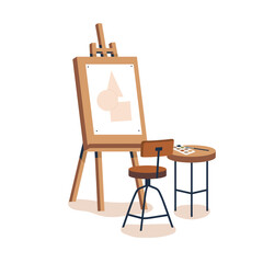 Paper on wood easel, chair, table with art supplies. Creative workplace, drawing on canvas, paints, artistic stuff. Painting on tripod and tools. Flat vector illustration isolated on white background