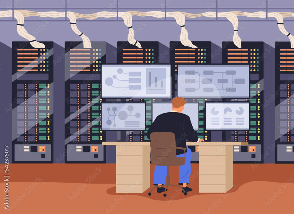 Aufkleber Big data analysis, information technology, cyber security control concept. Administrator works with statistics, database at multiple monitor computer system in server room. Flat vector illustration
