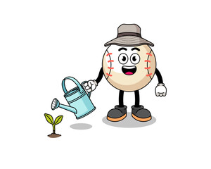 Illustration of baseball cartoon watering the plant