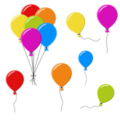 Colorful, flying balloons. Party, birthday labels.