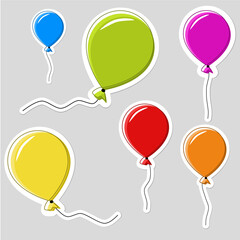 Colorful, flying balloons. Party, birthday labels.