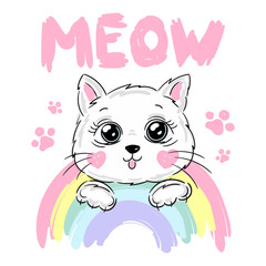 Cute cartoon kitten girl on rainbow and slogan Meow text for print graphic T-shirt.