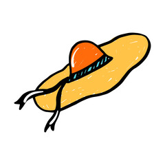 Yellow straw hat doodle icon isolated on white. Vector illustration of summer hat for logo or print, sticker design.